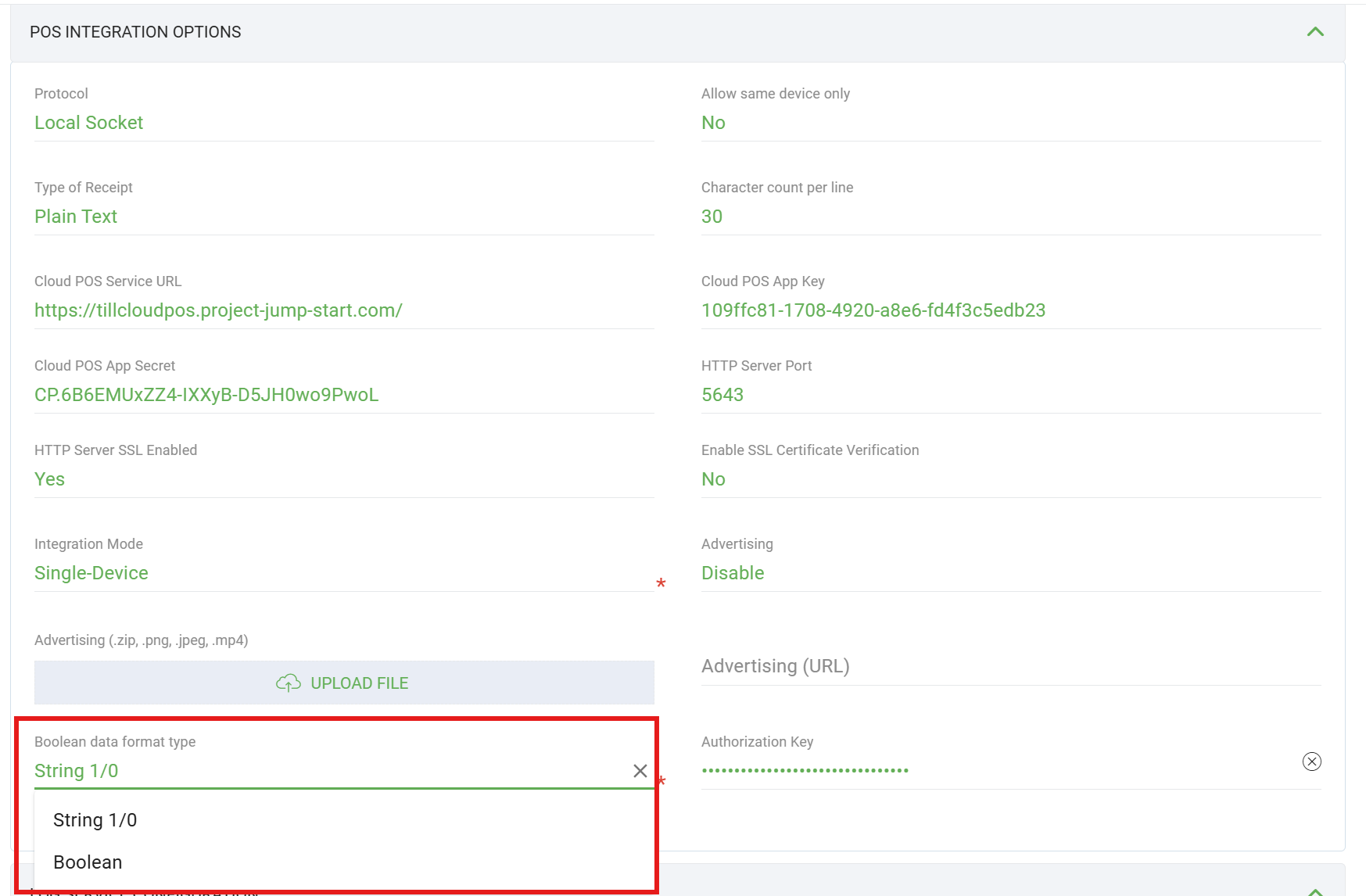 POS Integration Options screen showing Boolean data format type configured in TMS